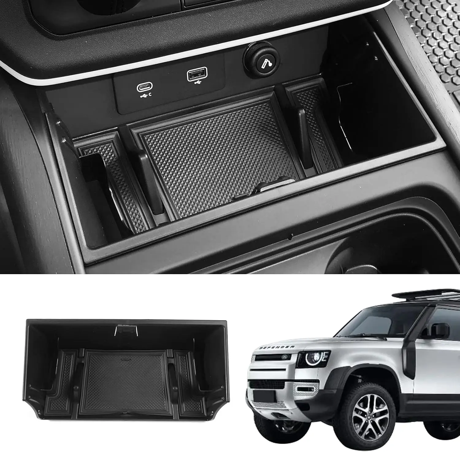 Plastic ABS Plastic Rectangular Center Console Storage Box Tray Insert for Land Rover Defender 2020-2024 90/110/130, 1 Rubber Pad, No Drilling/Sticking, Plug-and-Play, Anti-Dust, Built-In Sunglasses Hook, All-Season Compatible, Storing Solution