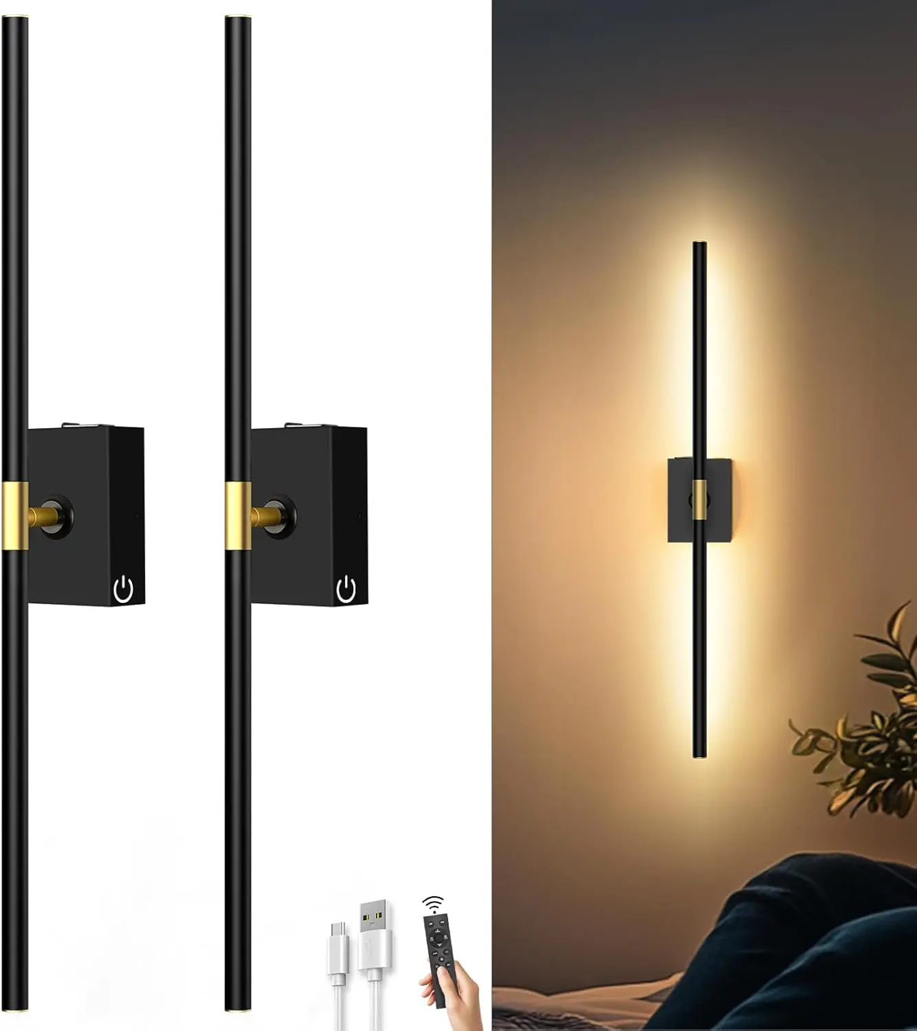 [Summer Finds] Battery Operated Wall Sconces w/ Remote Control Set of 2,31.5 inch | Upgrade 10000mAh | 3000K-6000K LED Wireless Wall Light for Bedroom, Picture Lights for Wall, Hallway, Background Wall Modern Mood Lighting Ambient Decoration Lamp,campin