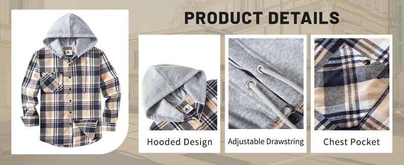 ZITY Men's Blue Brown Plaid Hooded Flannel - Heavyweight Style Soft Fabric Hoodie - Fashion Loose Fit Checked Shirt - Casual Vintage Menswear Tops gifts