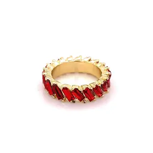 C87- Baguette Gold Plated Cz Multi Stone Ring -Red