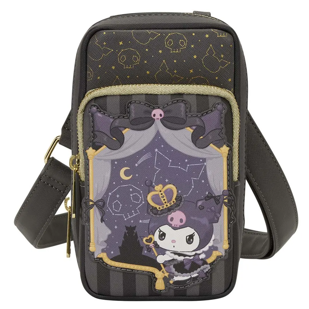 Loungefly Sanrio Kuromi 20th Anniversary Faux Leather Graphic Cell Phone Crossbody Bag with Coin Bag, Women's Adjustable Basic Crossbody Clutch Purse, Zipper, Lightweight