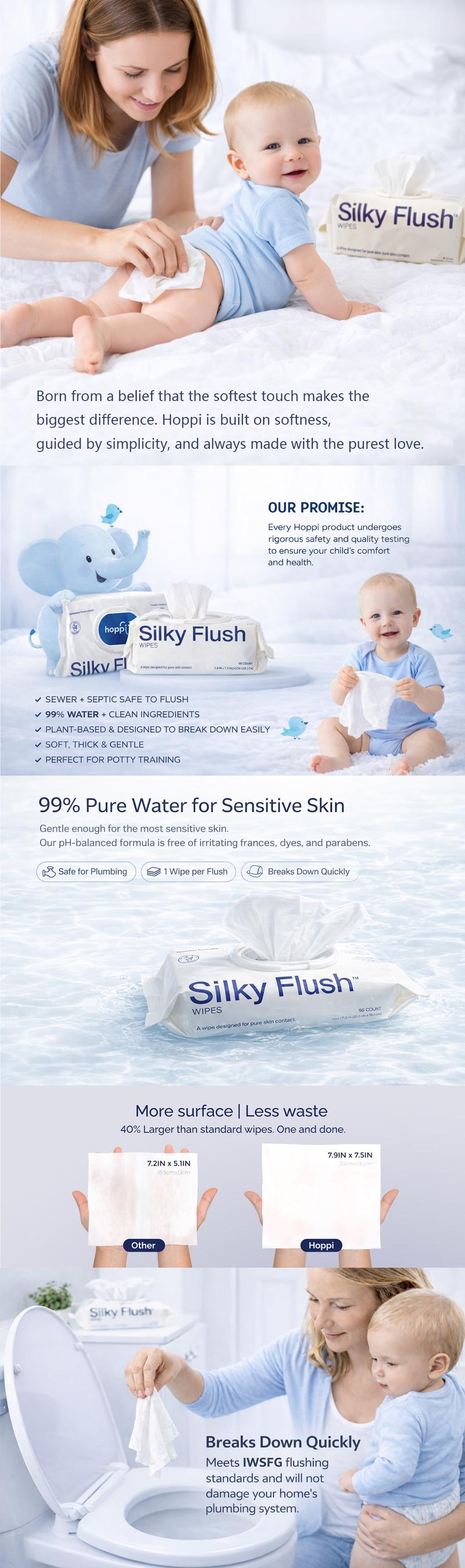 Hoppi Flushable Baby Wipes, 99% water content, hypoallergenic, suitable for sensitive skin, plant-based formula, fragrance-free, safe for sewers and septic systems, silky smooth and easy-to-flush toilet training wipes for toddlers (224 wipes, 4 packs) Hoppi Flushable Baby Wipes, 99% water content, hypoallergenic, suitable for sensitive skin, plant-based formula, fragrance-free, safe for sewers and septic systems, silky smooth and easy-to-flush toilet training wipes for toddlers (224 wipes, 4 packs)