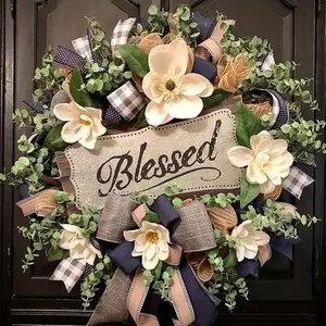 ZMOCEN 22-inch Farmhouse Style Front Threshold Wreath - Elegant floral arrangement with artificial flowers in beige, blue, and brown tones, accented with white magnolia-like blossoms - A year-round porch hanging decoration, maintenance-free, Art Deco styl