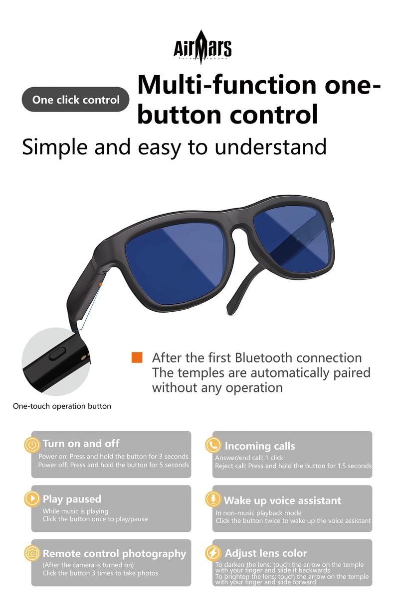 Airmars GV90AI Smart AI Translation Glasses with Bluetooth Headphones, Sliding Dimming & Color Changing Lenses, UV Protection, One-Touch Multi-function Control, Easy-to-Use Wearable