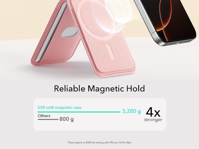 ESR Upgraded Aura for MagSafe Wallet, 5 Card-Holder with Adjustable Stand, Magnetic Wallet for iPhone 17/16/15/14/13/12 Series, Not for iPhone Mini, Vegan Leather, Pink