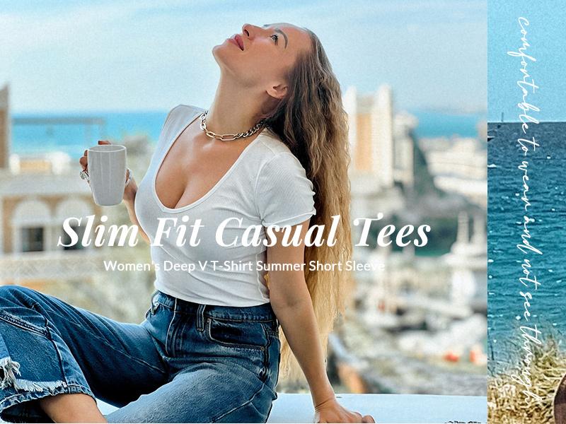 Women's Deep V Neck Tops for Women Sexy Low Cut Summer Ribbed Knit T Shirts Slim Fit Stretchy Basic Fashion Tee