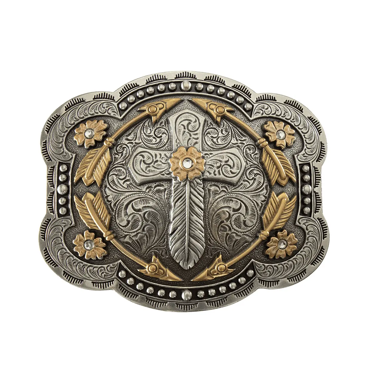 Engraved Western Belt Buckle, Multi-Tone Metal Cowboy Waist Buckle with Cross, Feather & Crystal Accents, Beaded Edge