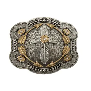 Cross Feather Western Belt Buckle Engraved Silver Cowboy Style Cross Feather Western Belt Buckle Engraved Silver Cowboy Style