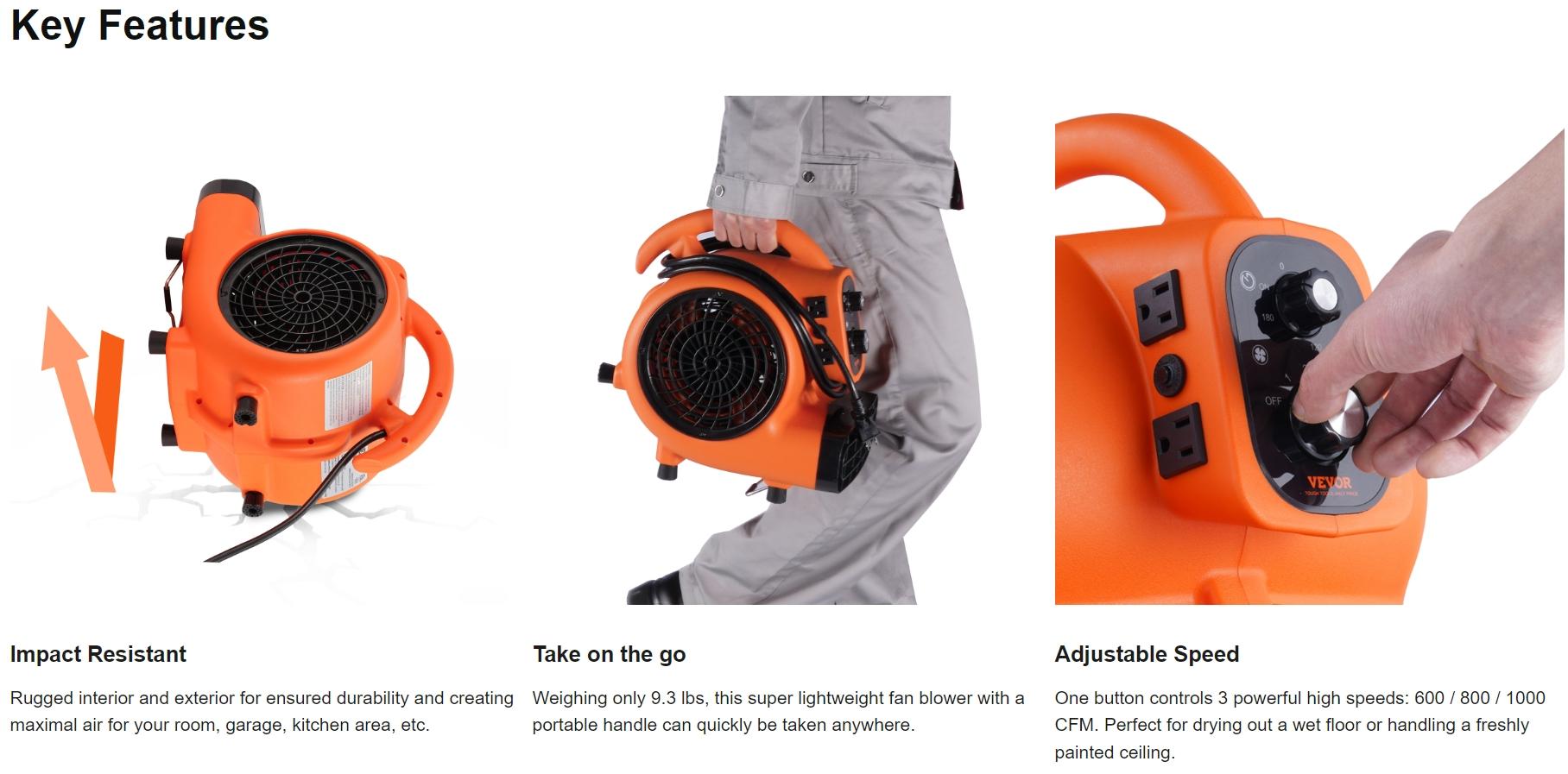 VEVOR Floor Blower, TikTokShopBlackFriday, 1/4 HP, 1000 CFM Air Mover for Drying and Cooling, Portable Carpet Dryer Fan with 4 Blowing Angles and Time Function, for Janitorial, Home, Commercial, Industrail Use, ETL Listed