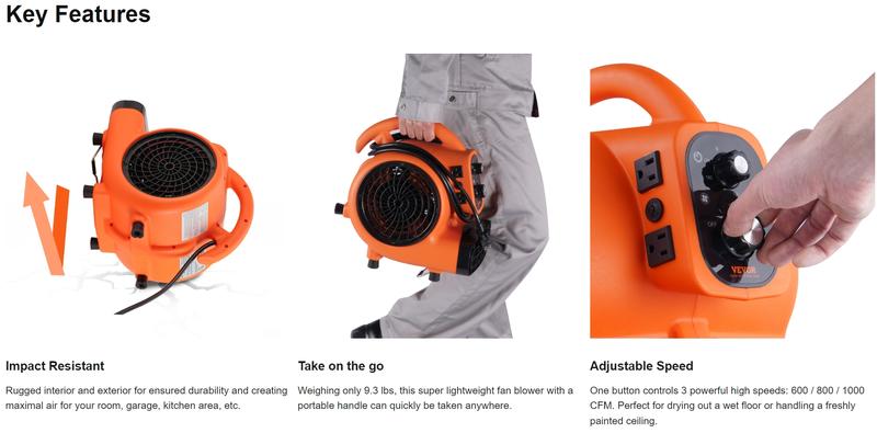 VEVOR Floor Blower, TikTokShopBlackFriday, 1/4 HP, 1000 CFM Air Mover for Drying and Cooling, Portable Carpet Dryer Fan with 4 Blowing Angles and Time Function, for Janitorial, Home, Commercial, Industrail Use, ETL Listed