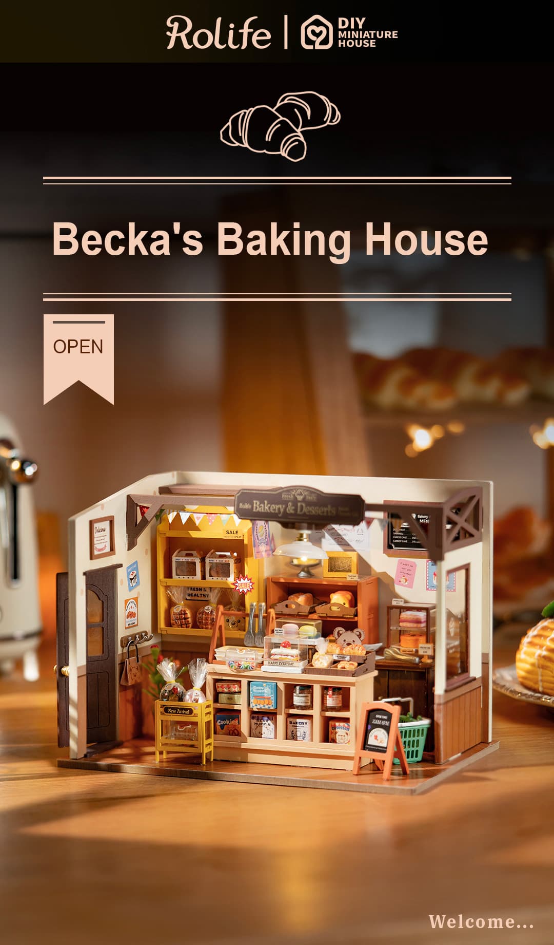 Rolife  Becka's Baking House Miniature House Kit DIY Mini Dollhouse with Accessories Tiny Store Making Kit with LED Light Hobby Birthday Gifts for Kids & Adults