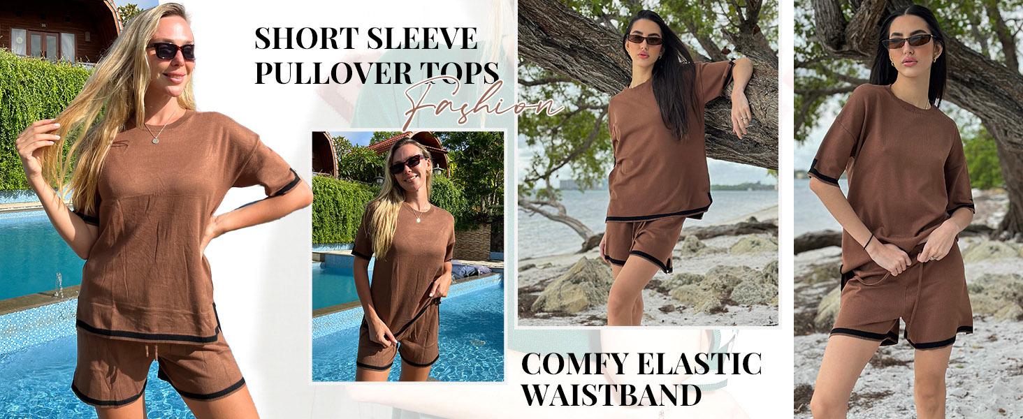 Ekouaer women's 2-piece knitted round neck short sleeved top with drawstring shorts set, 2-piece casual home wear