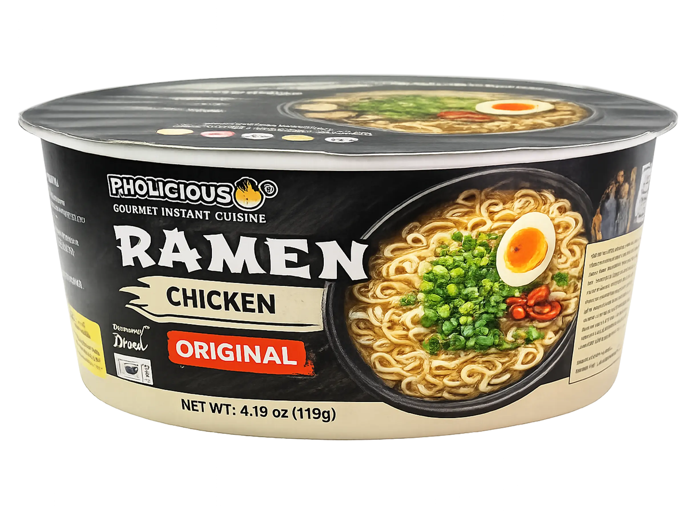 ORIGINAL CHICKEN Premium Ramen, (NON SPICY) Instant, PhoLicious Brand, 4 Pack / 4.19 Ounce Bowls, Fresh Ingredients