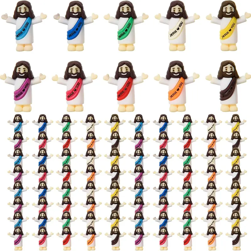 10-50 Pcs Mini Jesus Figurines with "Jesus Loves You" Sash - 1.38" Soft Rubber Christian Toys Perfect for Easter Egg Fillers, Hide a Jesus Game & Sunday School Prizes