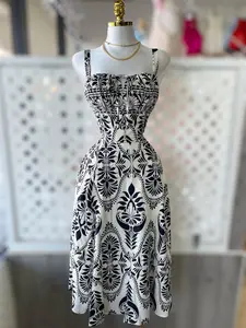 Juliet Black/Cream Paisley Bustier A-Line Midi Dress with Pockets