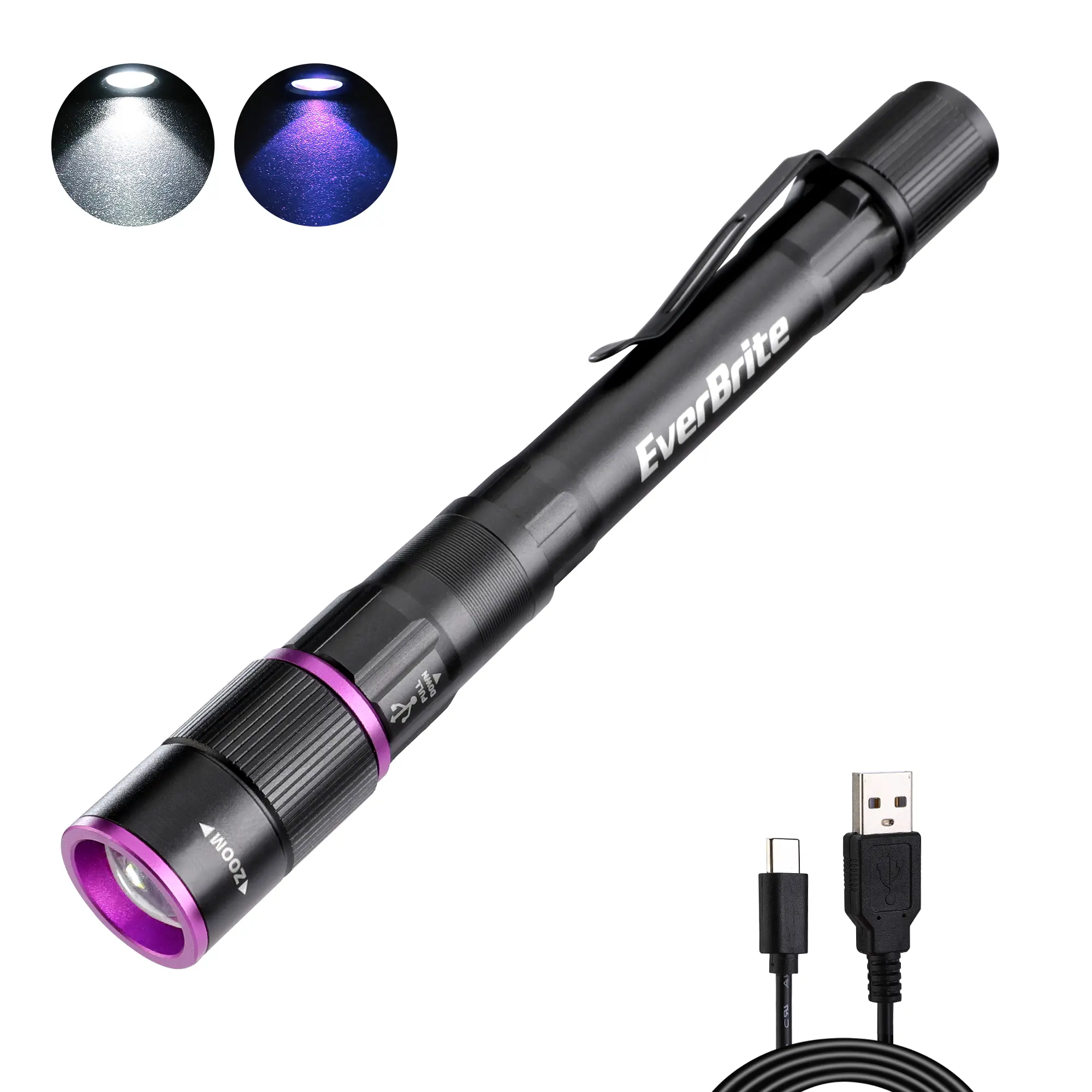#backtoschool EverBrite Rechargeable Pen Flashlight with UV Light and White Light, 395nm Black Flashlight with Clip, Zoomable 4 Modes with Memory Function, USB C Cable, for Camping, Emergency, Pet Urine Detection