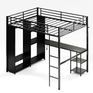 Garvee Queen Size Loft Bed with Desk and Storage Shelves, Metal Gaming Loft Bed Queen with Hanging Rod, Wardrobe, Guardrail and Ladder, Space Saving Design