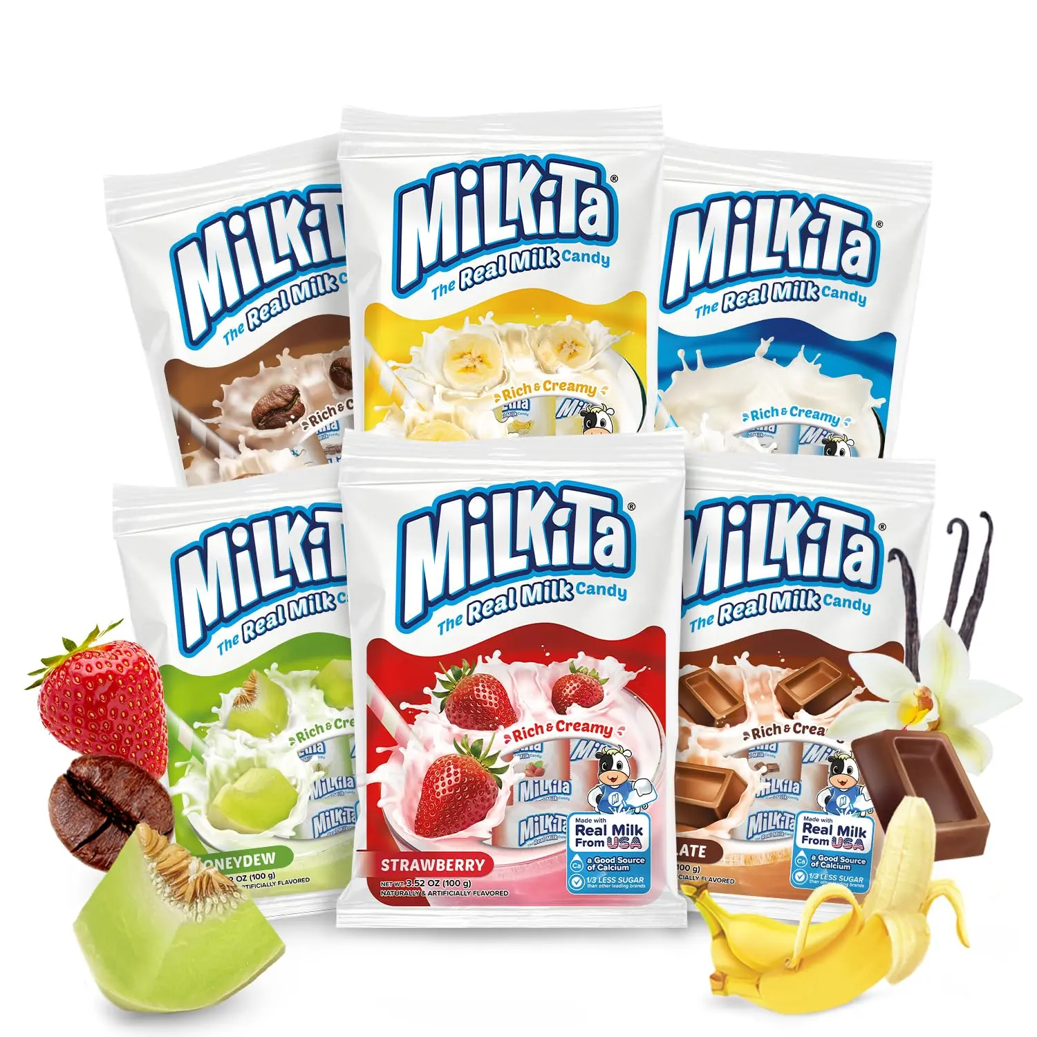 Milk Candy Variety Pack 6 Bags: Milkita Creamy Real Milk Candy, Vanilla, Strawberry, Chocolate, Honeydew, Banana, and Cappuccino Flavored - 150 Low Sugar Assorted Candy, Gluten-Free and Individually Wrapped for Candy Bowls, Office Snacks & Party Favors