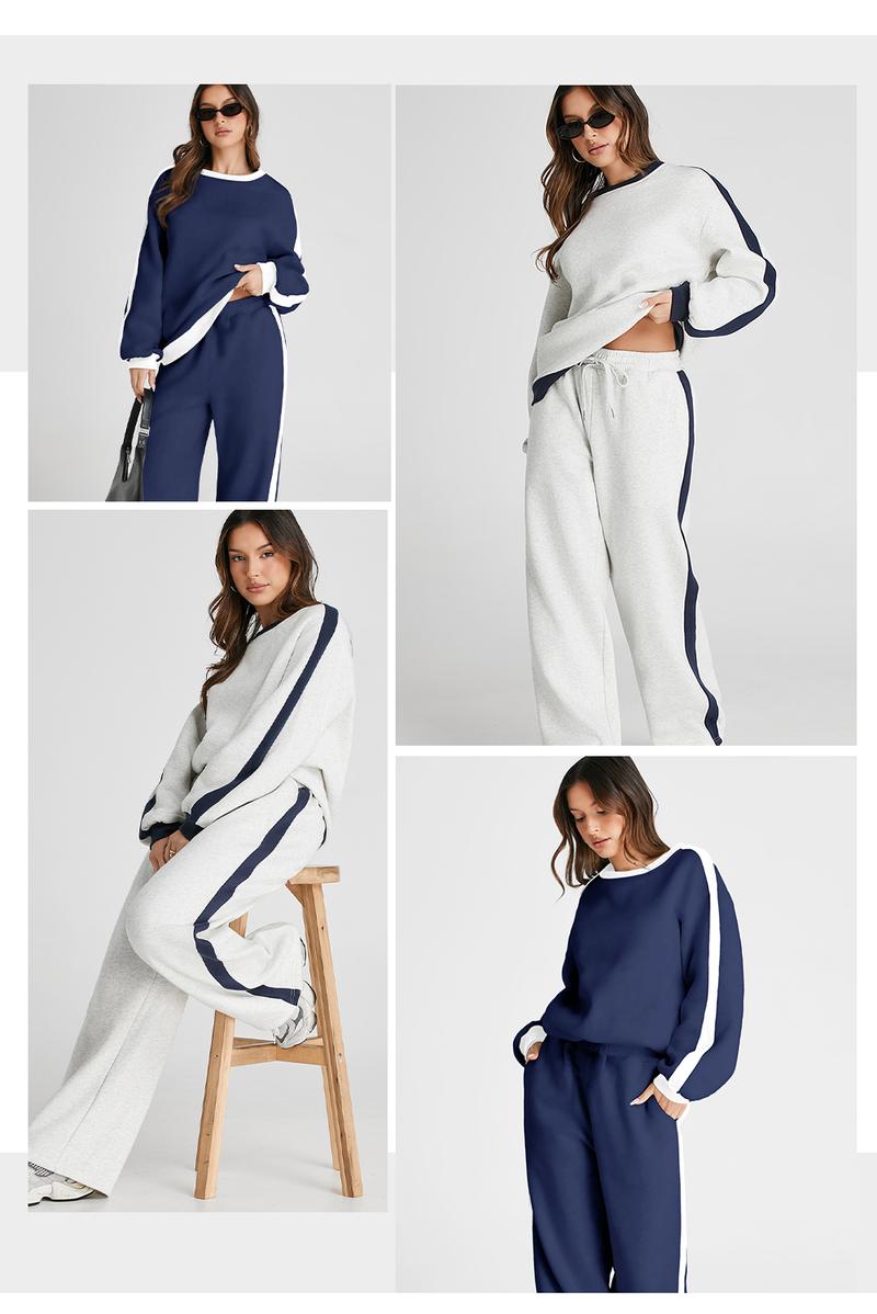 Aleumdr Women's 2 Piece Outfit Fleece Sweatsuit Casual Lounge Matching Sets Crewneck Loose Fit Cozy Sweatshirt & Straight Leg Sweatpants Womenswear Clothes Chic