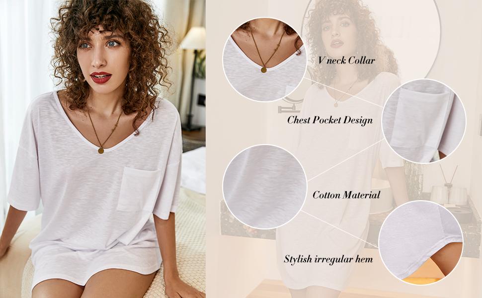 EKOUAER Womens Tshirt Nightgown Cotton V Neck Sleepshirts Comfy Casual Nightshirt for Women Fit Womenswear Comfortable Loose Oversized Loungewear
