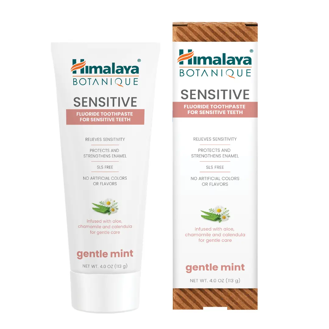 Himalaya Botanique Sensitive Toothpaste, 5% Potassium Nitrate for Sensitivity Relief, Fluoride for Cavity & Enamel Protection - SLS Free & Titanium Dioxide Free, Vegan, Gentle Mint, 4 oz
