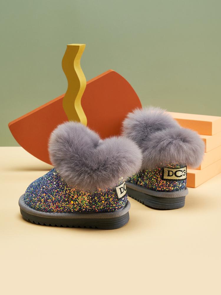 Baby Girl Sparkly Snow Boots with Fleece-Lined Thickened Soft Sole, Glittery Pink Low-Top Winter Shoes with Heart Pom-Poms & Closure for Toddlers Infants Outdoor Play, Cute Cartoon Pattern Winter Boots zipper