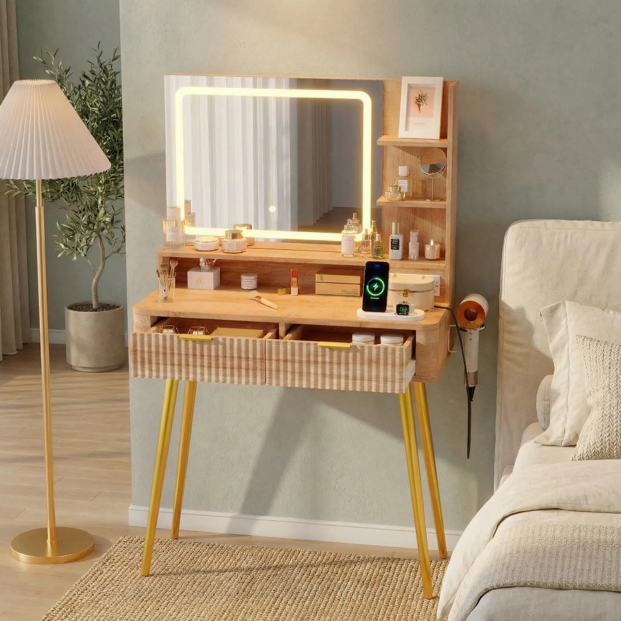 Garvee Contemporary Makeup Vanity with LED Light - LED Mirror with 3-Colour Lighting, 2 Drawers, 4 Open Storage Shelves, Hair Dryer Holder, Metal Legs, Built-in Plug & USB, 80x35x132cm Natural Finish Beauty Desk