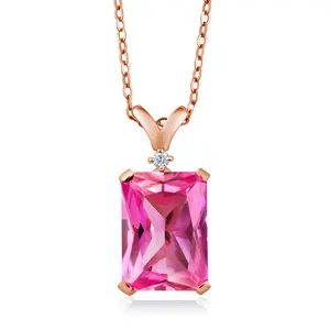 Gemstone Birthstone and White Diamond Pendant Necklace for Women | 18K Rose Gold Plated Silver | Emerald Cut 14X10MM with 1MM Round Accent | Includes 18 Inch Chain | Fine Jewelry for Her Mom Wife