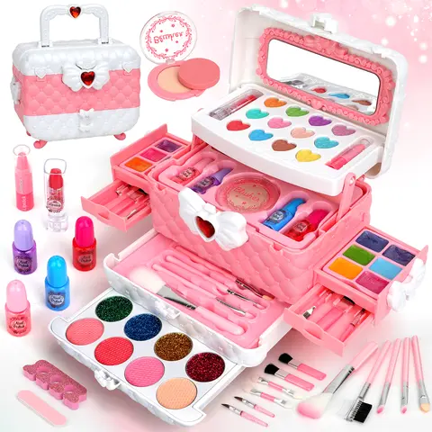 Girls' Pink & White Washable Cosmetic Playset (3+), Pretend Play Accessories with Brushes, Kids Stuff for Girls, Cosmetics Gift Set for Dress-Up Fun & Easy Cleanup Birthday/Christmas Presents