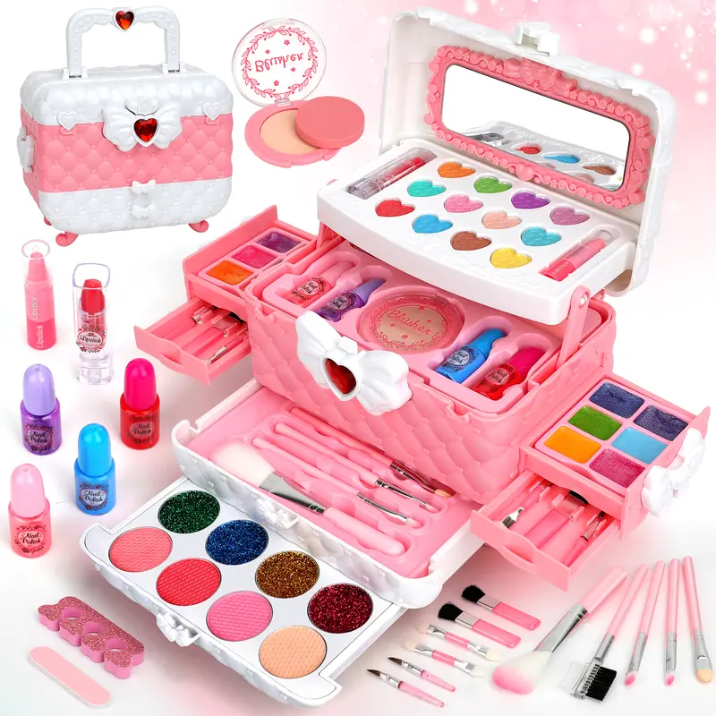 Girls' Pink & White Washable Cosmetic Playset (3+), Pretend Play Accessories with Brushes, Kids Stuff for Girls, Cosmetics Gift Set for Dress-Up Fun & Easy Cleanup Birthday/Christmas Presents