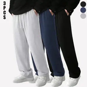 Men’s regular-fit solid-color athletic pants with an elastic drawstring waist; spring/summer casual pocketed long pants for everyday wear; three-piece casual sports set.