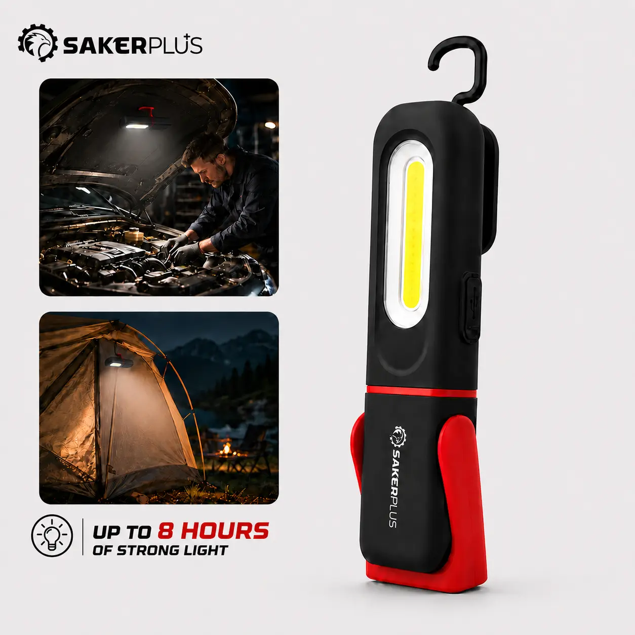 SAKERPLUS Rechargeable Work Light, 3000LM COB LED Magnetic Mechanic Light with 360° Swivel Hook, 180° Adjustable Stand, Flashlight Mode, USB-C Charging, IP54 Water-Resistant for Car Repair, Garage & Camping