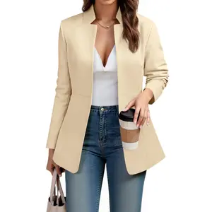 Cicy Bell Women‘s Business Casual Blazer Long Sleeve Open Front Notch Stand Collar Work Office Jacket Suit Chic Elegant Fitted Dressy Minimalist Style