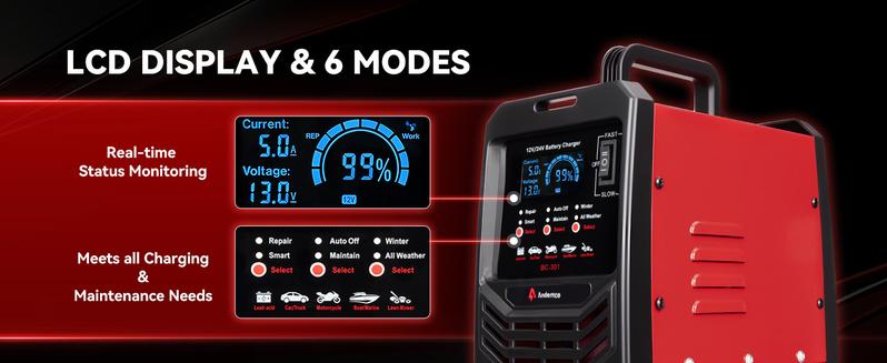 Smart Car Battery Charger Heavy Duty Repair Tool - 15A Smart Trickle Charger, Automatic Battery Maintainer, Auto Shutoffs, For Car, Truck, Marine, SUV, RV, Boat, Lawn Mower