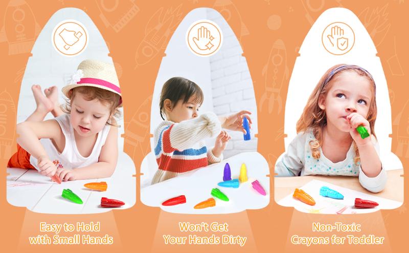 24 Colors Crayons for Toddlers, Non-Toxic Washable Rocket Crayons, Easy-to-Hold Coloring Gifts & Mess-Free Art Supplies for Little Hands