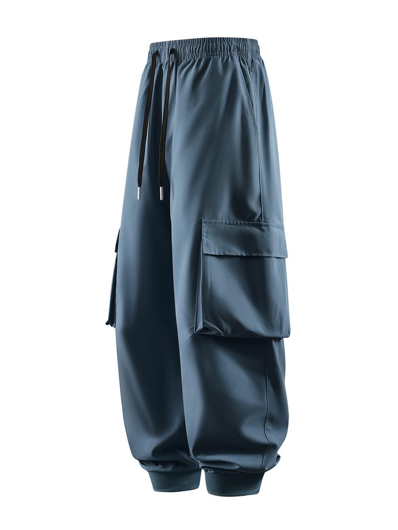 CCCMAI Men's Casual Solid Color Sports Pants, Casual Work Pants with Multiple Flap Pockets, Drawstring Waistband, Lightweight, Soft, Polyester, Outdoor Work Pants, Running Pants with Pockets, 100% Polyester Fiber, Non-Stretch Menswear