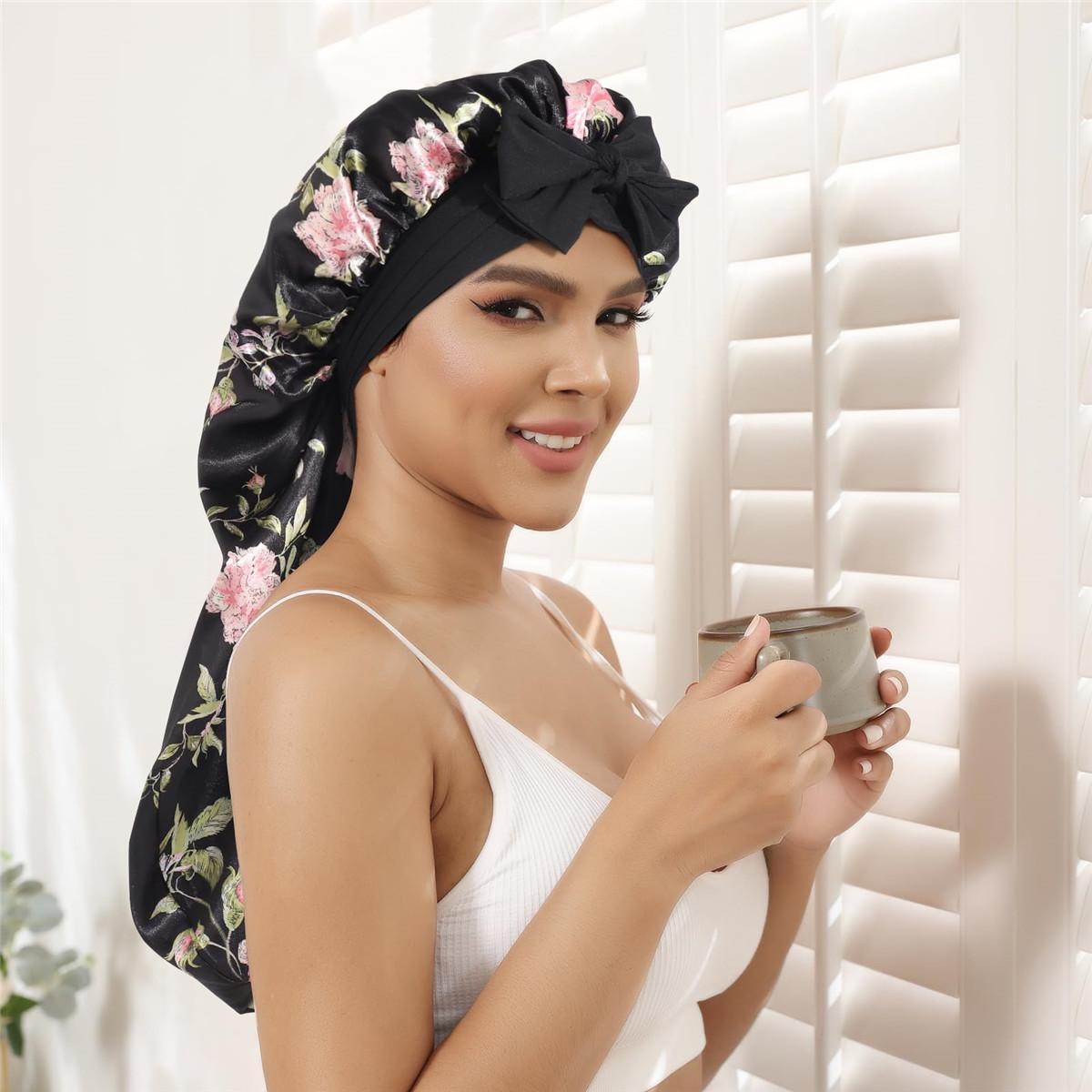 Double Layer Satin Bonnet for Sleeping - Silk Like Texture, Elastic Tie Band, Curly Hair Nightcap, Smooth Haircare, Reusable, 100% Polyester, 55cm Cap Circumference, 94cm Length, 35cm Width, 61cm Rope Length, 6.5cm Rope Width