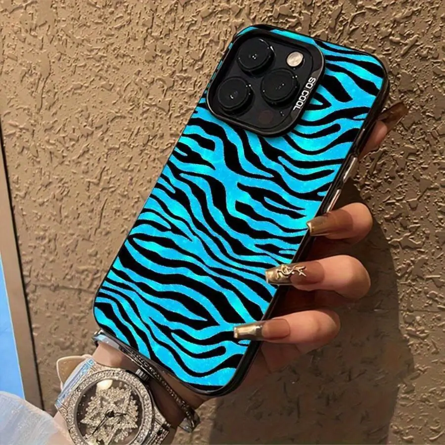 Zebra-Inspired Shockproof TPU Cellphone Case for iPhone 11-16 Pro, Blue Neon Stripes & Wave Patterns, Flexible Shell Casing Phone Accessory