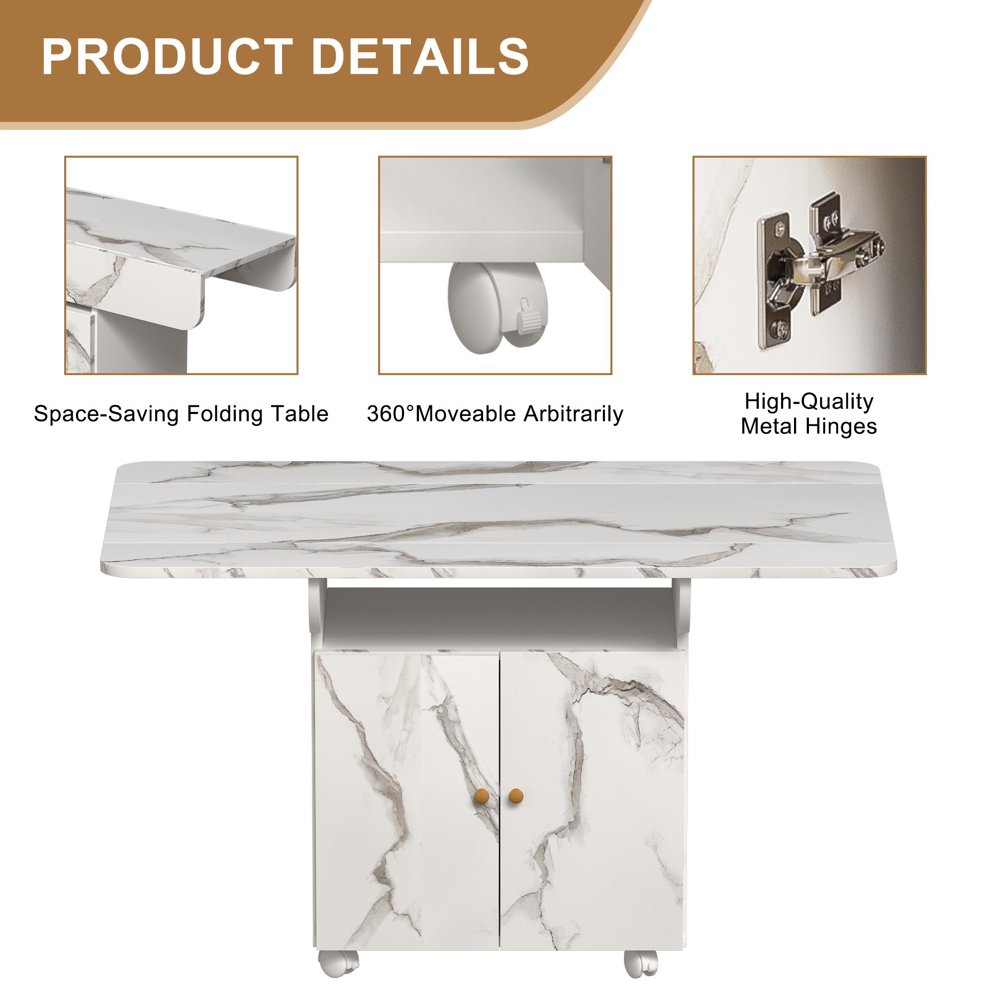 47" Folding Table with Wheels & Storage | Multi-Function Kitchen Island, Dining Table, Desk, Coffee Table & Entryway Console | Space Saving Foldable Table with Marble Top, 6 Casters & Cabinet for Small Spaces, Apartments & Home Office