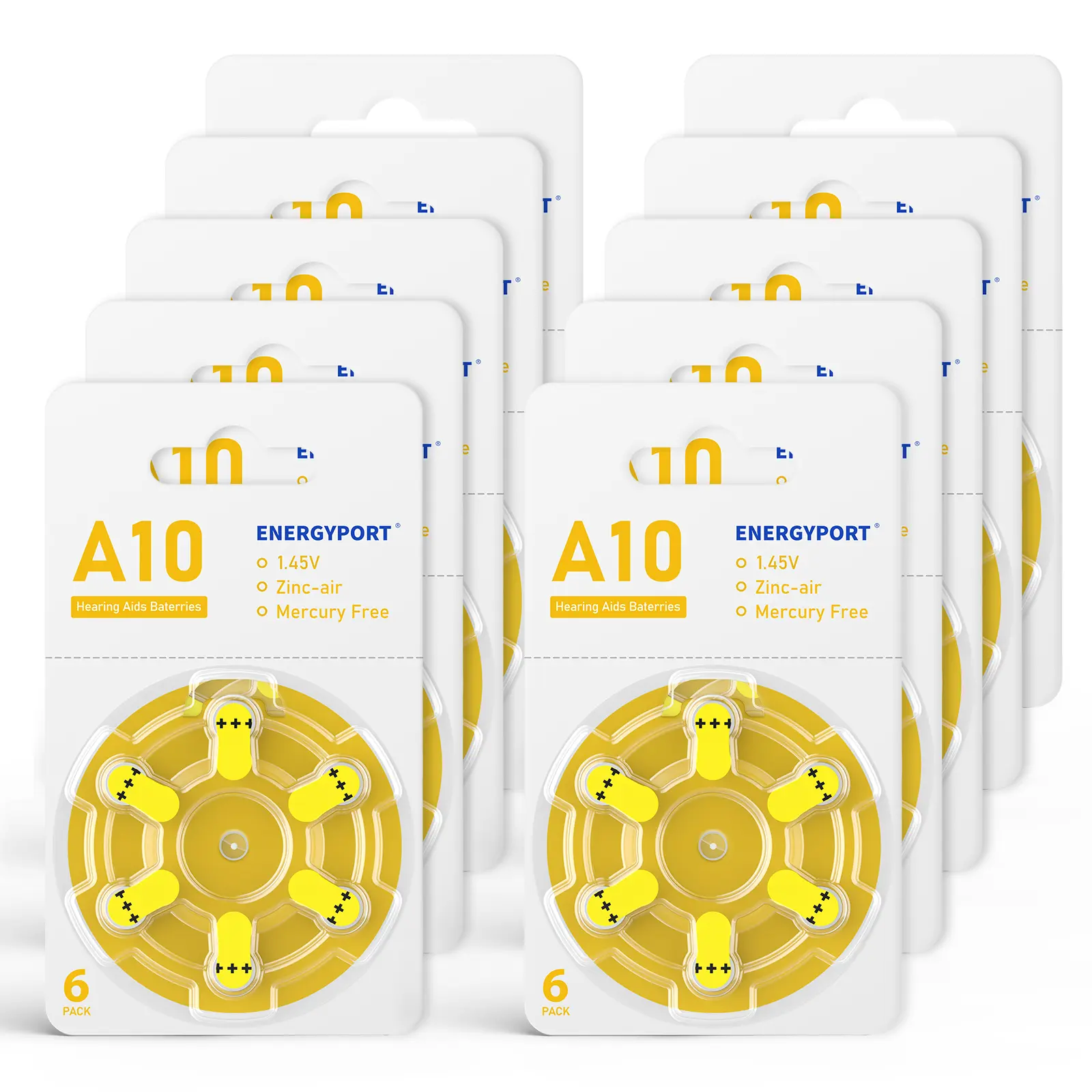 ENERGYPORT 60-Count Size 10 A10 Hearing Aid Batteries, Long-Lasting Mercury-Free 1.45V Zinc-Air Yellow Tab Button Coin Cell Accessories