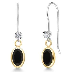 Gem Stone King 14K Two Tone Gold Black Onyx and Lab Grown Diamond Dangle Earrings for Women | 1.53 Cttw | Gemstone December Birthstone | Oval 7X5MM