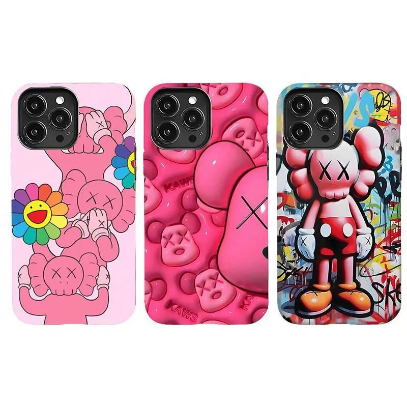 KAWS pink-themed trendy phone case with street graffiti design, suitable for iPhone 17-11 Pro Max/Plus and Samsung Galaxy S23-25.