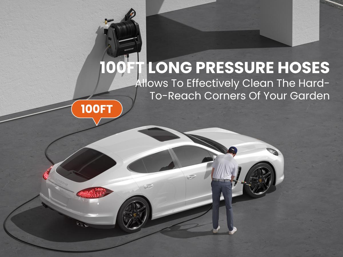 Giraffe Tools Grandfalls Retractable 2900 PSI & 2.2GPM Pressure Washer Essential with 100ft 2X Lower Noise for quite, Replaceable Hose 4 Spray Nozzles Easy Cleaning Anywhere