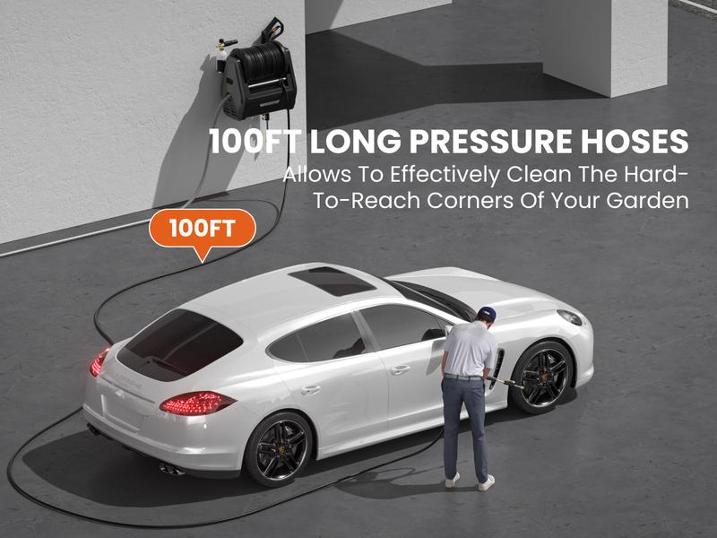 Giraffe Tools Grandfalls Retractable 2900 PSI & 2.2GPM Pressure Washer Essential with 100ft 2X Lower Noise for quite, Replaceable Hose 4 Spray Nozzles Easy Cleaning Anywhere