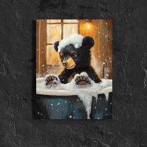 Charming Black Bear Bubble Bath Wildlife Painting - Wood Framed Bathroom Wall Art, Adorable Cub in Bathtub with Bubbles, Perfect for Home Decor and Adding Warmth to Your Space	