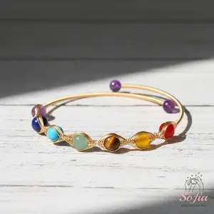 Chakra Bracelet - 14k Gold Plated Wire Wrapped Bangle - Crystal Bracelets Boho Style Jewelry Adjustable, Mother's Day Gift