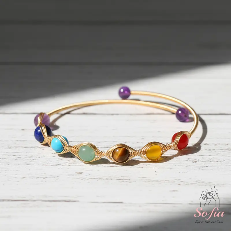 Handcrafted Chakra Beads Bracelet - 14 karat Gold Plated Wire Wrapped Adjustable Bangle - Unisex Boho Natural Crystal Jewelry for Adults, Daily Wear, Mother's Day Gift