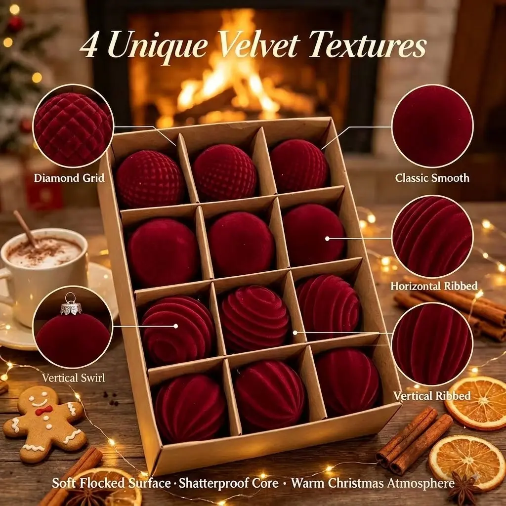 12-piece thick Christmas ball decoration set - Retro red multi-textured velvet soft surface Christmas tree decoration, available in deep green, royal blue, light camel, and coffee brown. Christmas ball decorations