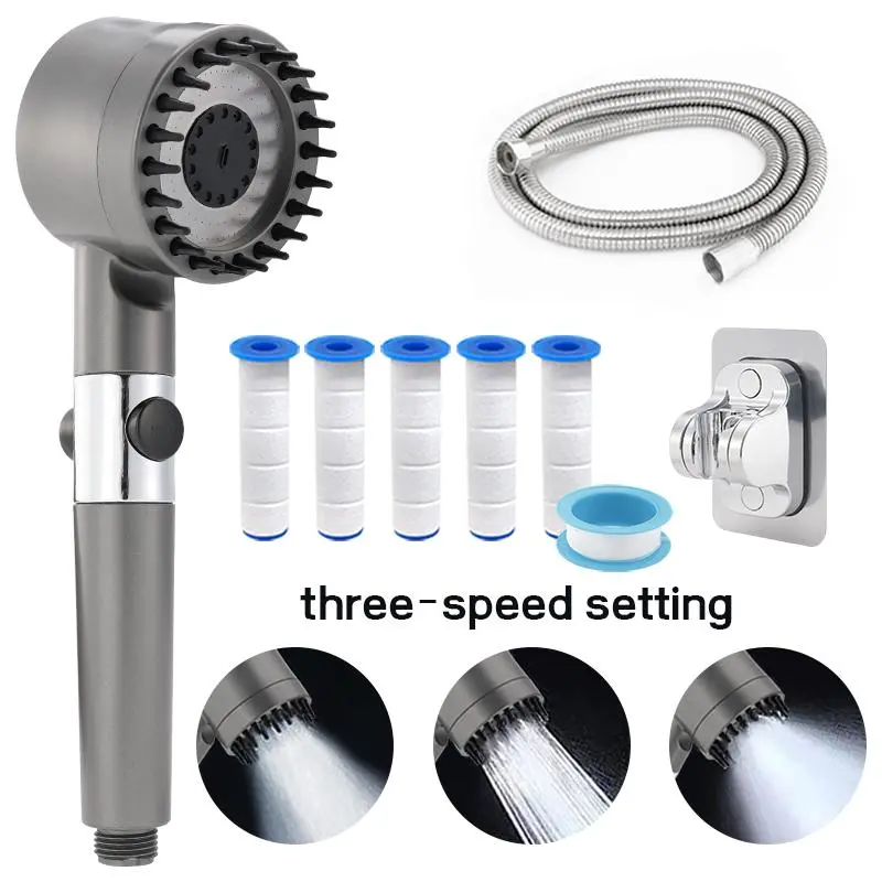 High Pressure Adjustable Water Saving Rainfall Handheld Shower Head Full Kit - 3 Modes Filtered Detachable Showerhead with 59in Replacement Hose, Bracket, Cotton Filters (Works Even with Low Water Pressure), Adjustable Shower Head, Water Saving Showerhead
