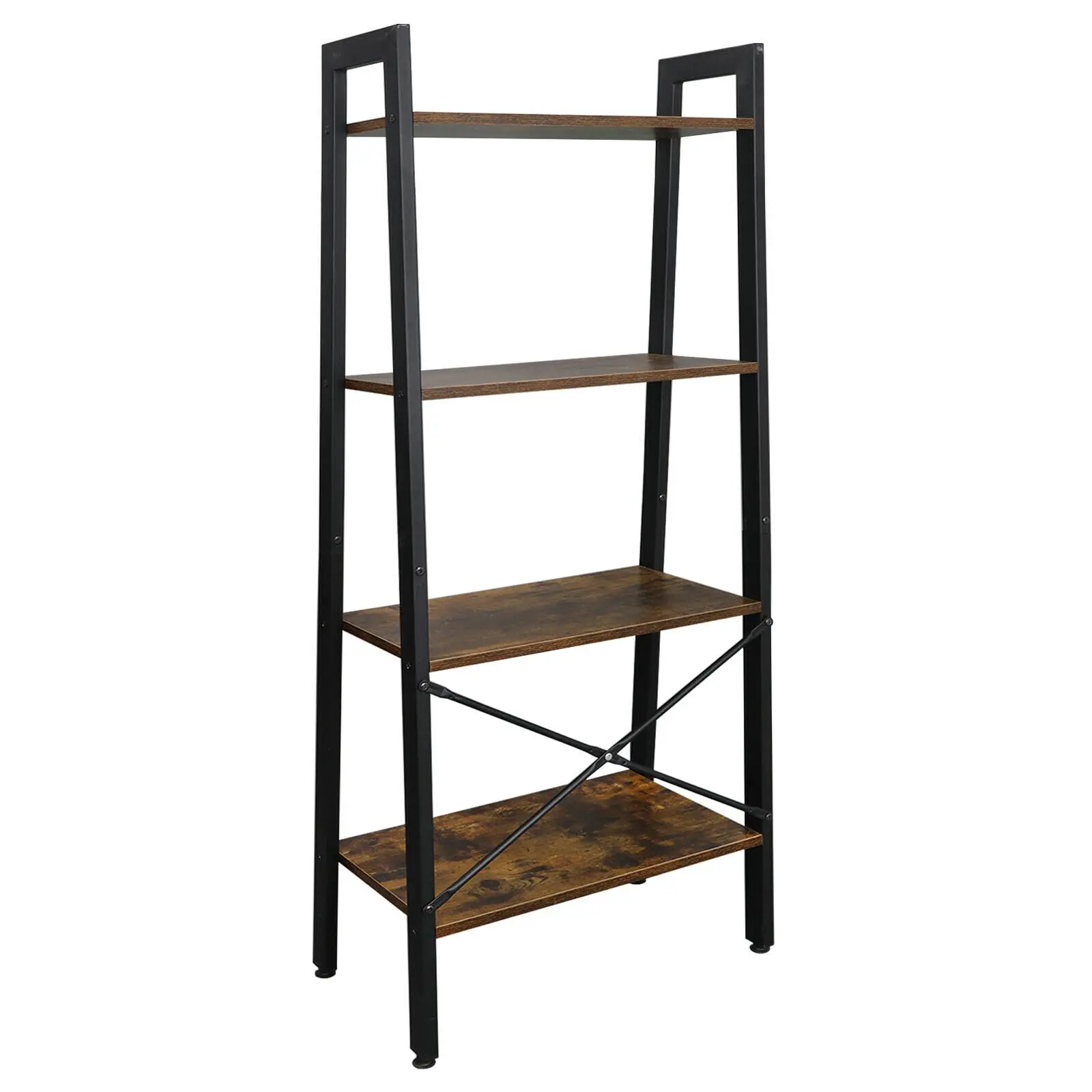 Segawe 4-Tier Antique Ladder Shelf - Durable Metal Frame Home Organizer with Protective Caps, Brown & Black Wooden Collectibles Rack for Indoor Balcony, Bathroom Storage